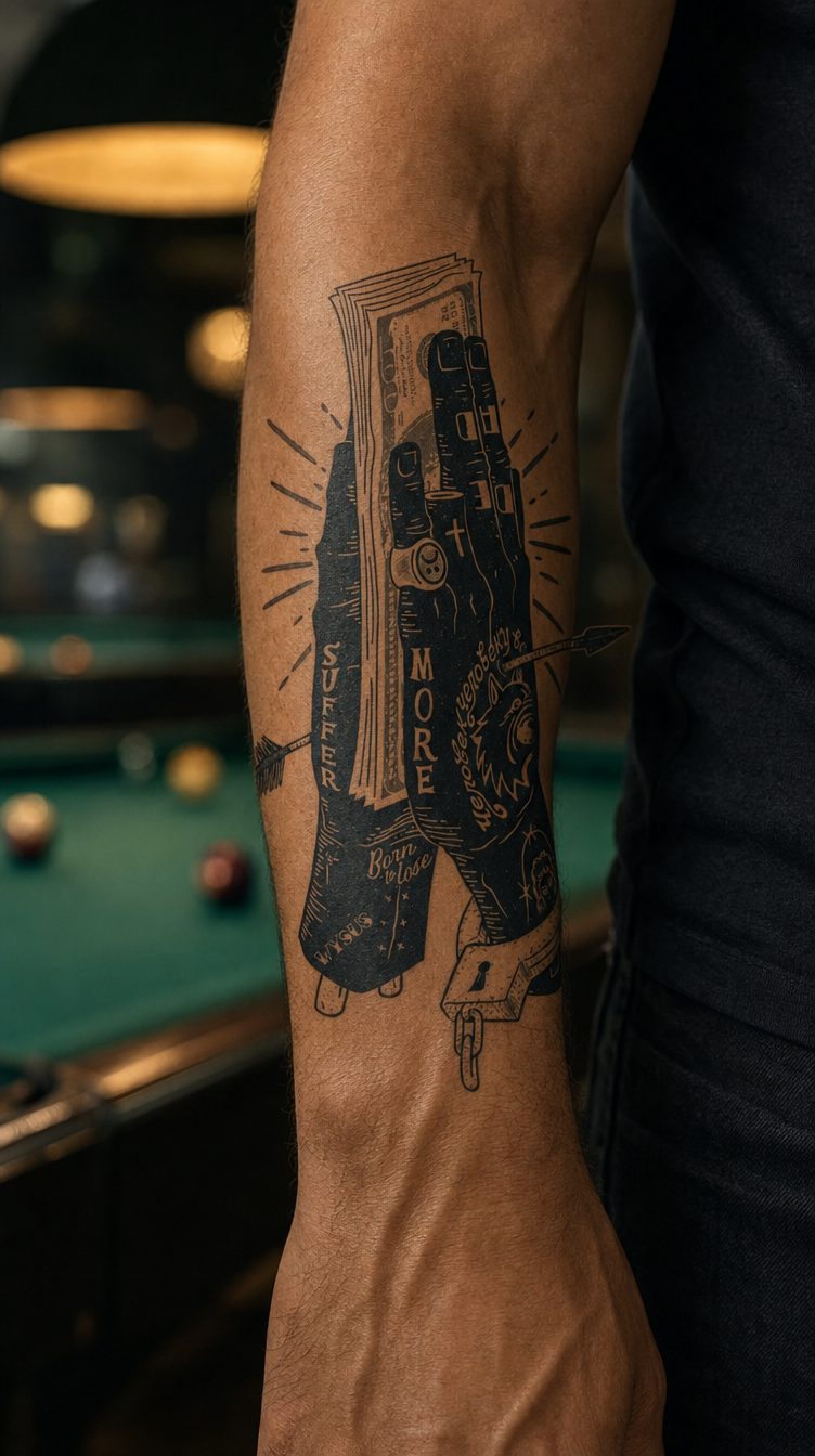 Tatuaj temporar grafic cu mâini care țin bancnote, străpunse de o săgeată și legate cu cătușe