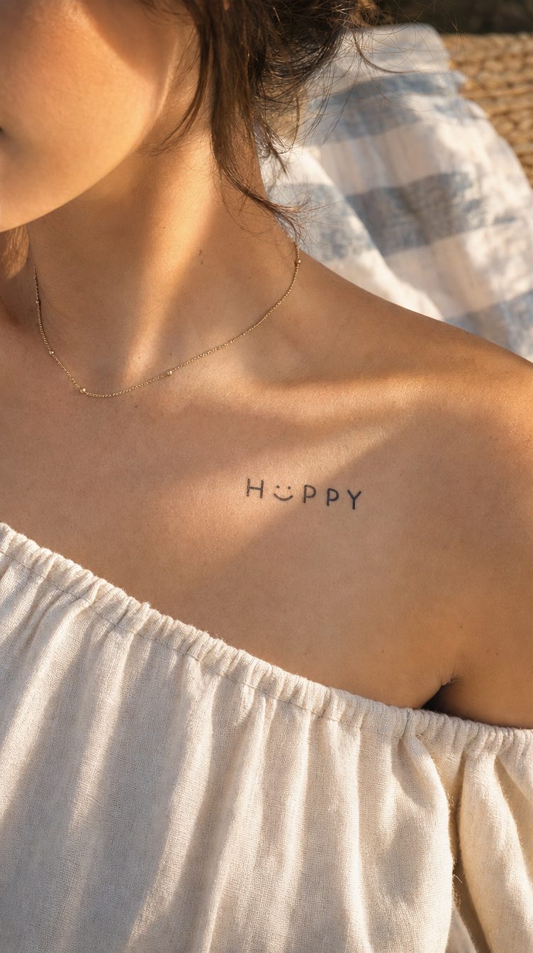 Tatuaj temporar minimalist cu un cuvânt scurt, aplicat pe piele, pentru a testa cum arată un rând scurt de caractere