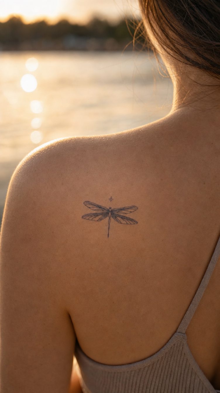 Tatuaj cu libelulă Transformare în stil Fineline, aplicat pe piele