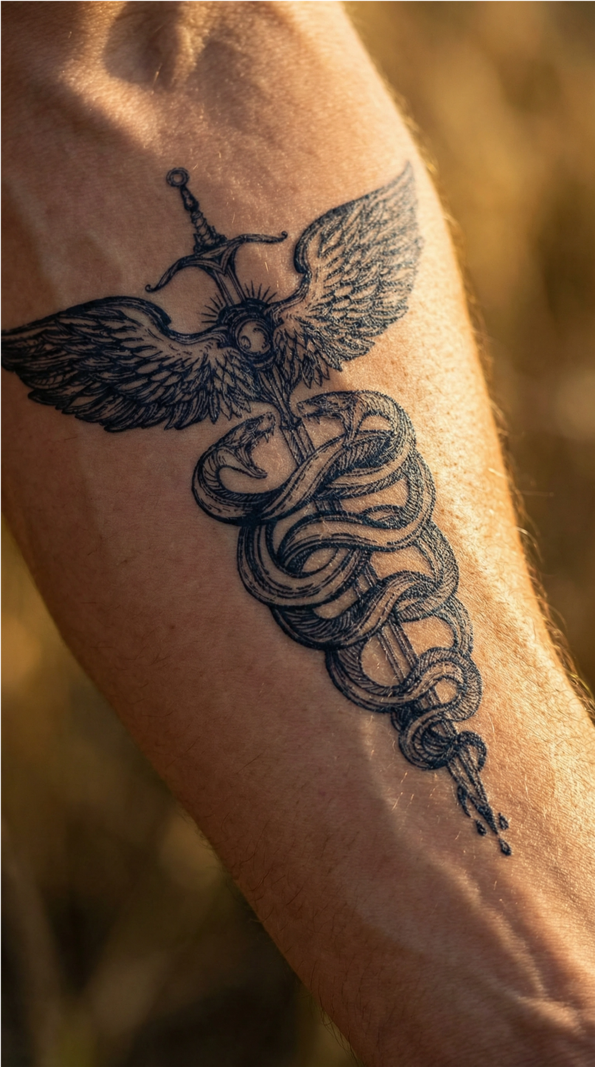 Model tatuat ilustrativ Putere și Vindecare, cu forme pline și contrast puternic pe antebraț