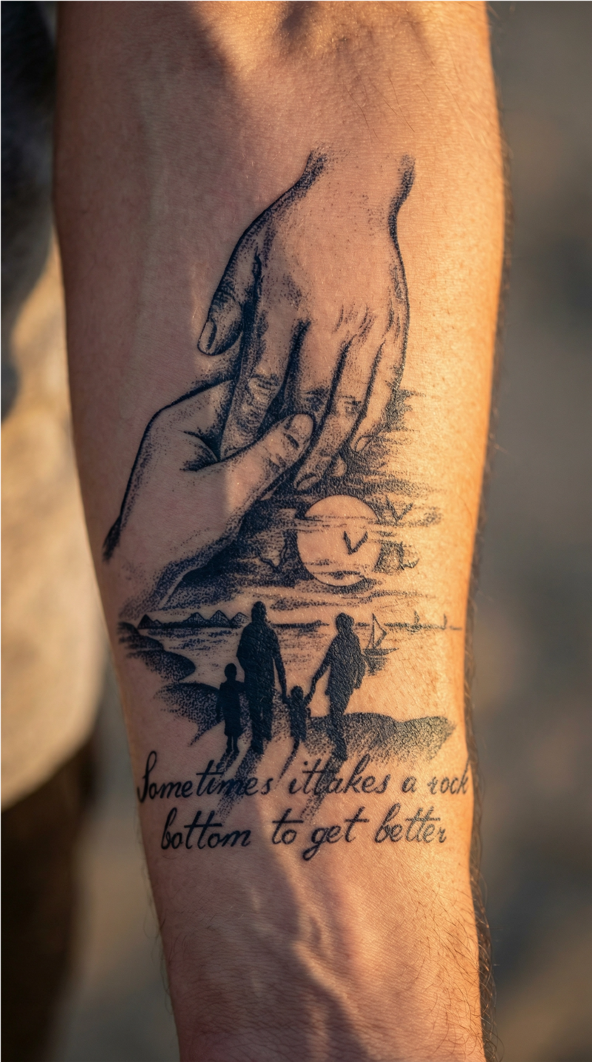 Tatuaj temporar cu o mână de adult care ține delicat degetele unui copil și un text scurt dedesubt