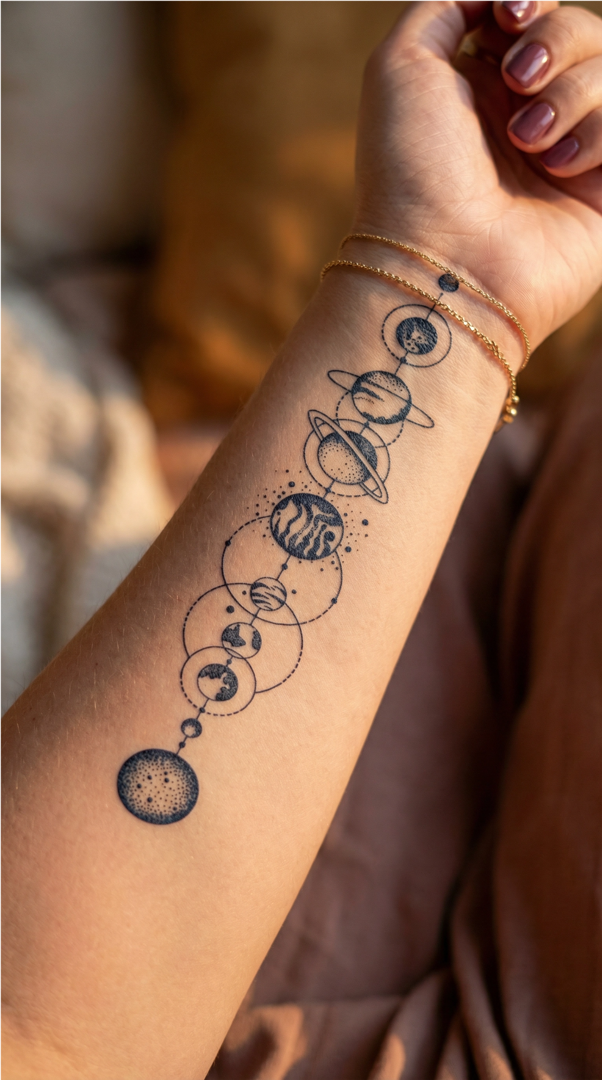 Tatuaj contur Solar, planete interconectate într-un design geometric cu linie uniformă