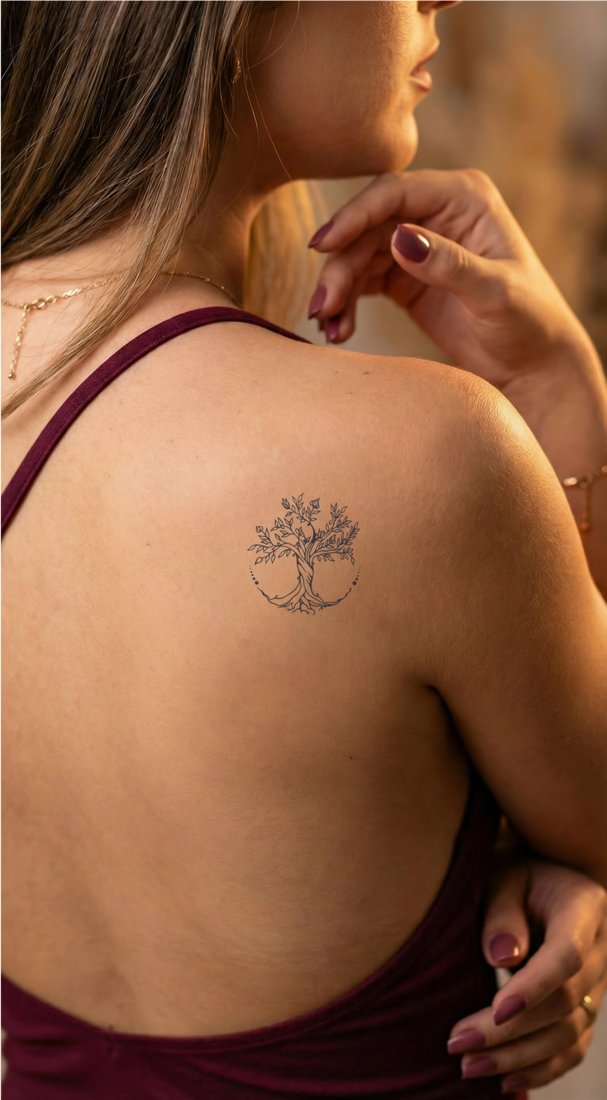 Motiv delicat inspirat din natură, realizat în tehnica Fine Line pe piele, ca exemplu al stilului cu linii fine al unui tatuaj cu cunună de laur