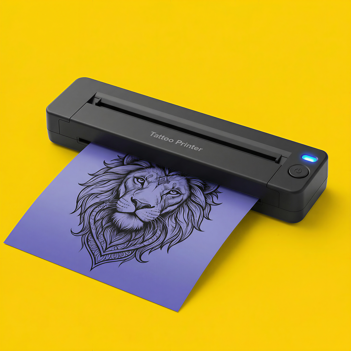 Imprimanta termică Inklabs pentru tatuaje temporare, alături de o coală de hârtie de transfer
